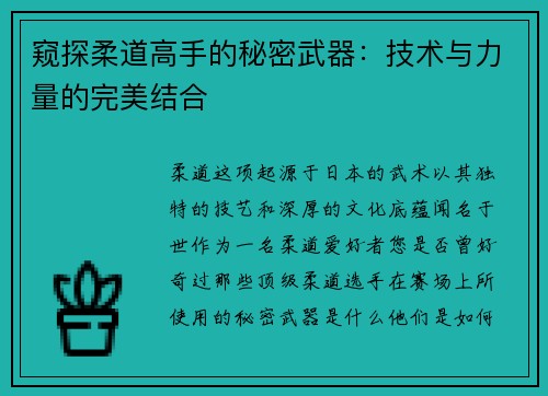 窥探柔道高手的秘密武器：技术与力量的完美结合